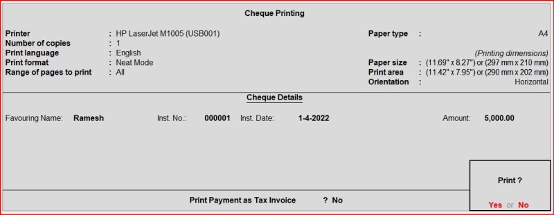 Cheque Printing in Tally