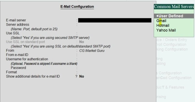 E Mail : F12 Configuration in Tally